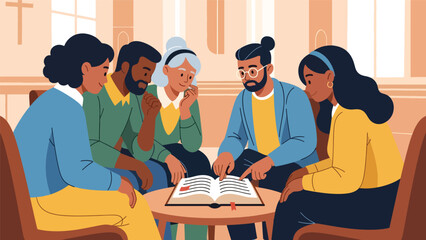 Modern flat vector illustration of a Christian Bible study group discussing scripture, ideal for religious education, small group ministry, and faith-based visuals