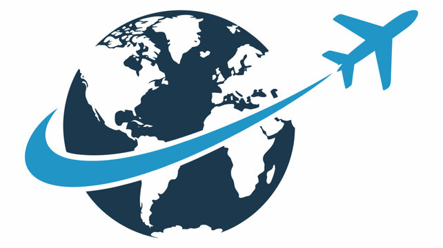 Global travel airplane flight around earth globe logo concept vector illustration for international tourism, aviation branding, world transport identity, airline emblem, modern business symbol design.