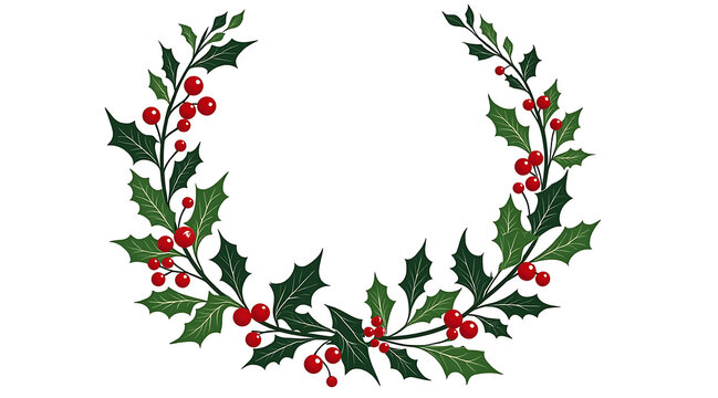 Festive holly wreath with green leaves and red berries in decorative circular arrangement, cheerful seasonal botanical ornament