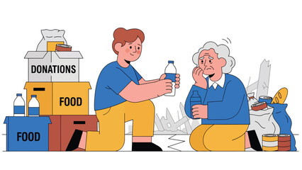 Modern flat vector illustration of Christian volunteers helping people in need, ideal for charity campaigns, church outreach, faith-based social programs, and compassion themes