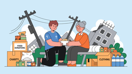 Modern flat vector illustration of Christian volunteers helping people in need, ideal for charity campaigns, church outreach, faith-based social programs, and compassion themes