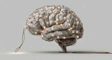Conceptual glowing brain connected to a power source