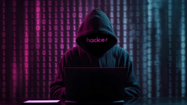 A mysterious hooded hacker works on a laptop in a dark environment with glowing binary code in the background, symbolizing cybercrime threat