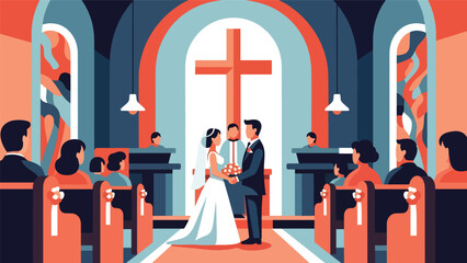 Modern flat vector illustration of a Christian wedding ceremony in church, ideal for religious marriage themes, church events, and faith-based family visuals
