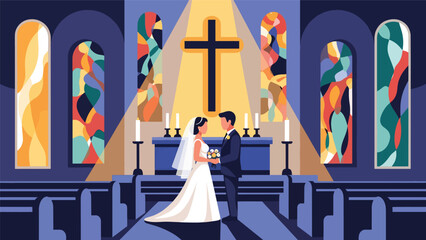 Modern flat vector illustration of a Christian wedding ceremony in church, ideal for religious marriage themes, church events, and faith-based family visuals