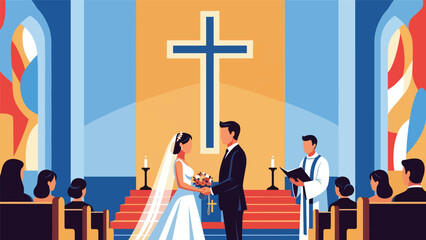 Modern flat vector illustration of a Christian wedding ceremony in church, ideal for religious marriage themes, church events, and faith-based family visuals