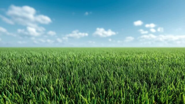 Wide open field of dense green grass under a bright blue sky with fluffy clouds, natural look, outdoor daylight setting, concept of nature beauty
