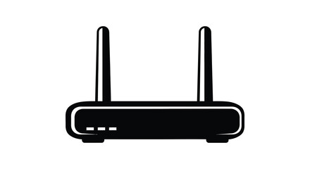 A black wireless router icon featuring two antennas displayed as a striking silhouette