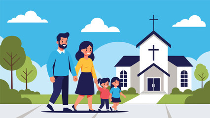 Flat vector illustration of a Christian family walking to church together, ideal for Sunday worship themes, family faith visuals, and religious lifestyle content