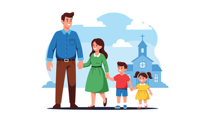 Flat vector illustration of a Christian family walking to church together, ideal for Sunday worship themes, family faith visuals, and religious lifestyle content