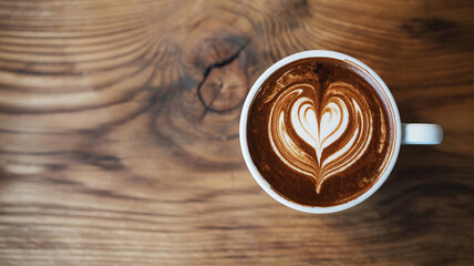 Heart shaped latte art in white ceramic cup on wooden table