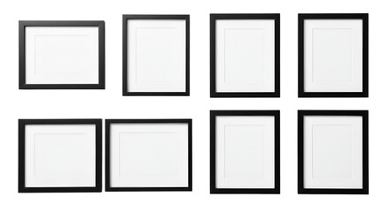 Collection of Eight Empty Black Picture Frames on Black Background