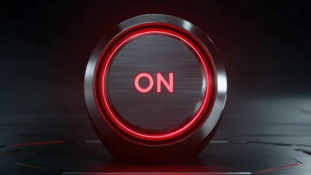 Circular metallic power button with red glowing ON text, futuristic tech style, dark background, concept of energy, activation, or startup