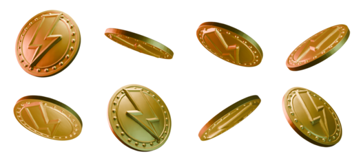 Golden Lightning Coins Isolated on Transparent Background