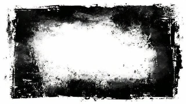 Grungy black ink frame with splattered paint texture surrounding a white center, hand-drawn style on plain background, concept of chaos