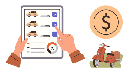 Hands selecting options on a tablet for cars and a scooter, cost symbol and data chart. Ideal for transportation choice, budgeting, shopping, financial planning, online platforms, decision-making