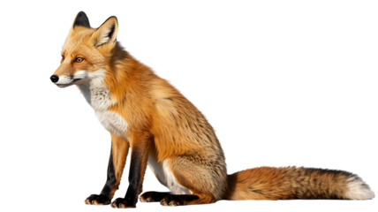 Majestic red fox with golden eyes sitting attentively, showcasing its thick fur and bushy tail, isolated on transparent background.
