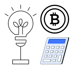 Cryptocurrency, financial innovation, investment, technology, digital finance, blockchain. Bitcoin symbol, lightbulb and calculator. Cryptocurrency and financial innovation concept