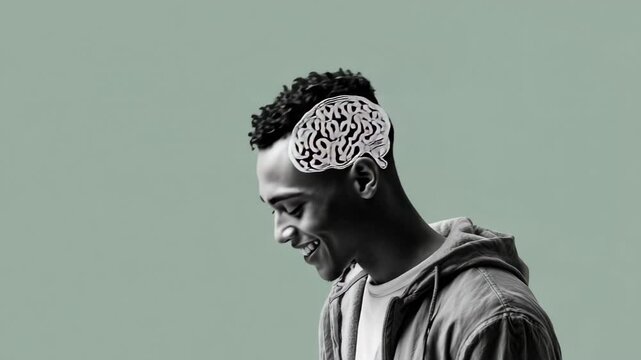 A young man smiles confidently while using a brain, A young man smiles confidently while engaging with a brain model