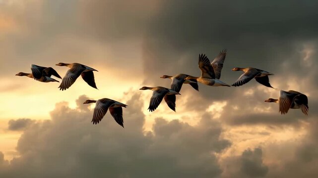 Flock of geese flying at golden sunset