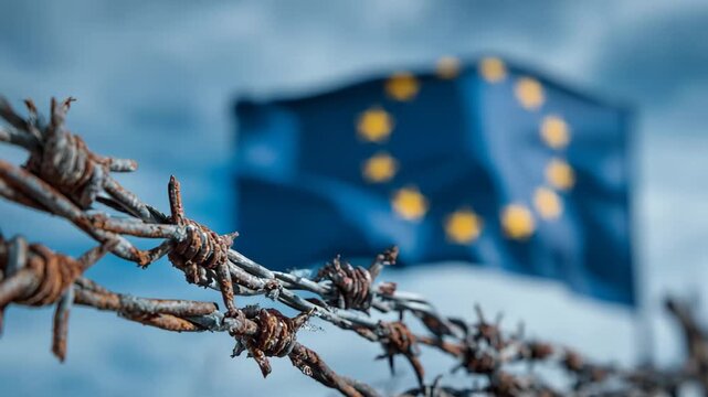 Barbed wire against eu flag symbolizes economic, Barbed wire against the EU flag illustrates the economic struggles