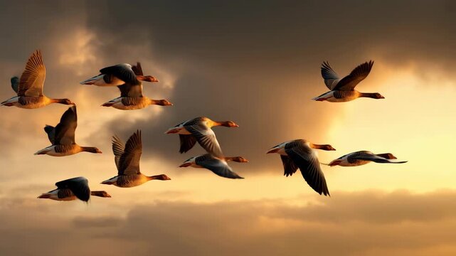 Flock of geese flying at golden sunset