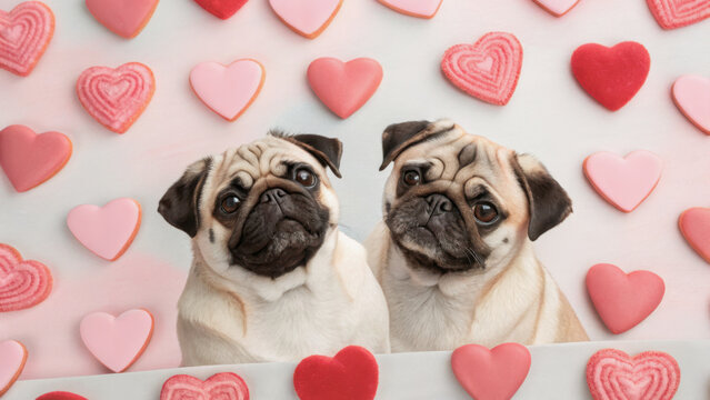 Valentine expressive romance art. Adorable pugs surrounded by pink and red heart shaped cookies create playful Valentine theme