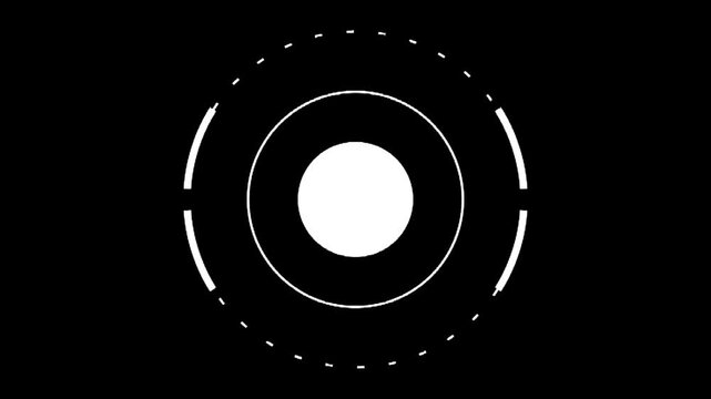 White concentric circles and dashed arcs animation on black. Abstract, HUD, UI element, minimal, futuristic, motion graphics