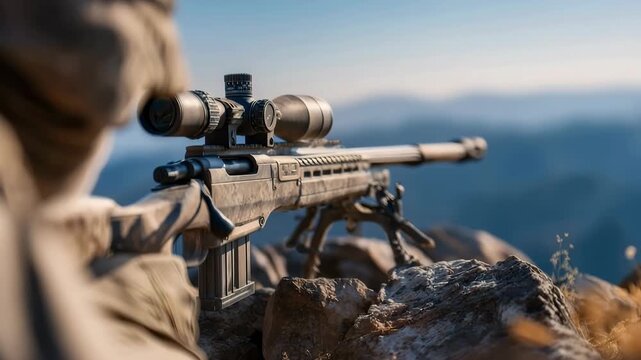 Long-range sniper rifle positioned in mountains
