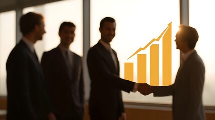 Business professionals shaking hands in front of a growing financial graph at sunset