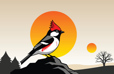 Vibrant illustration of a bird perched on a rocky outcrop at sunset with trees and dual suns