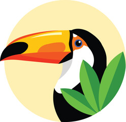Fototapeta premium Colorful illustration of a toucan bird with green leaves on a yellow circle background