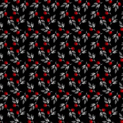 Seamless pattern with hand-drawn red flowers and gray leaves on a striking black background