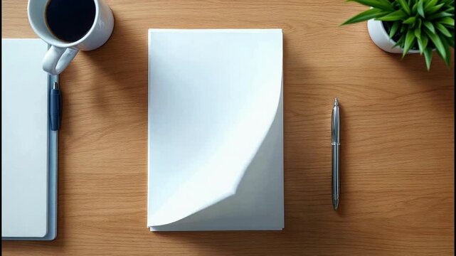 A top-down view of a desk with a notebook, pen, and coffee, ideal for creative brainstorming