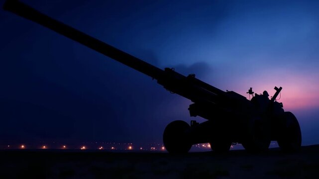 Artillery cannon silhouette at dusk battlefield