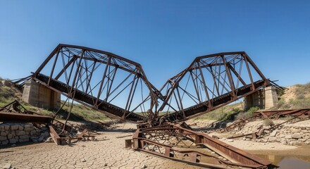 Obraz premium Abandoned railway bridge structure in a dry riverbed under a clear blue sky 