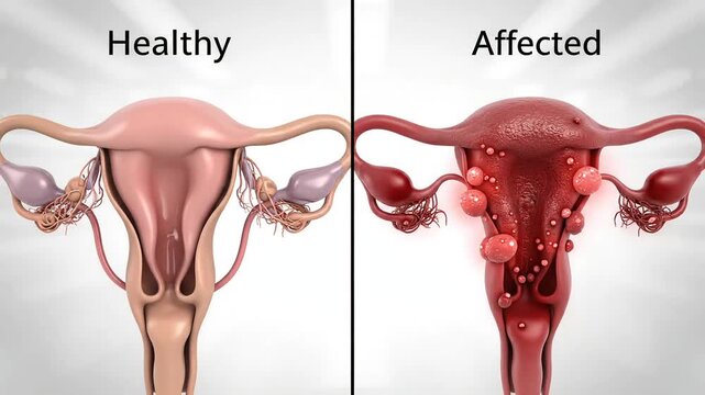 3D split-screen medical illustration comparing healthy and unhealthy reproductive organs, clear visual differences, neutral colors, educational anatomy style
