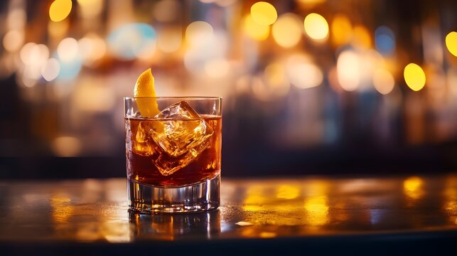 Classic Old Fashioned Cocktail with Orange Peel and Ice on Dark Bar Counter with Bokeh Lights