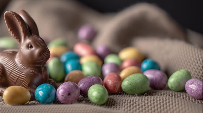 Chocolate easter bunny with colorful candy eggs on burlap background
