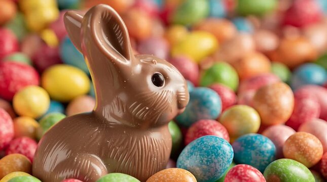 Chocolate easter bunny surrounded by colorful candy eggs