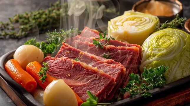 Steaming slices of corned beef with boiled cabbage, carrots, and potatoes