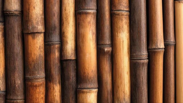 Close-up view of textured bamboo wall showcasing natural patterns and colors, camera zooms in to highlight intricate details and variations in wood grain