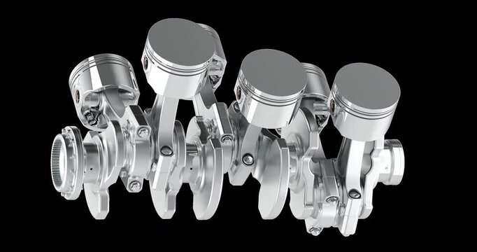 V6 engine piston and crankshaft rotation animation seamlessly loopable. 3D rendering isolated on transparent background
