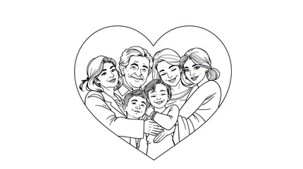 Line art illustration of a loving multi-generational family embracing inside a heart shape, symbolizing unity and affection.