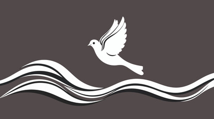 A white dove in flight above stylized wavy lines on a dark background.