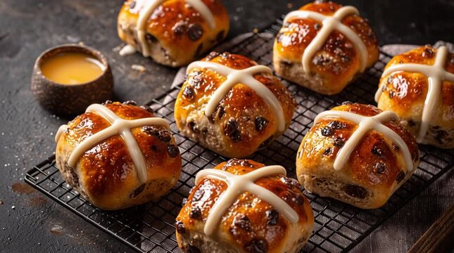 Freshly baked hot cross buns with icing cross on cooling rack
