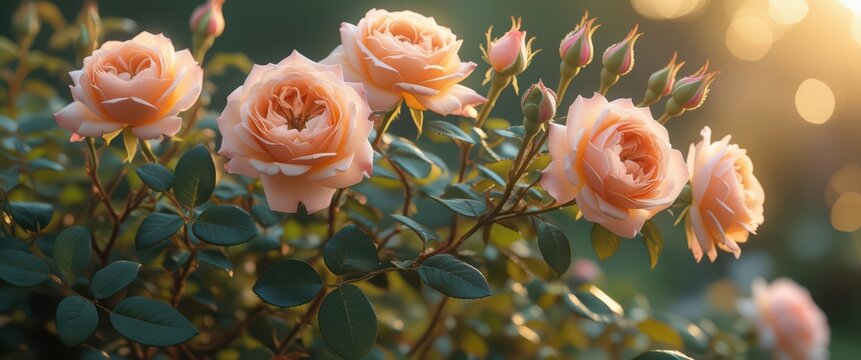 Beautiful peach roses in bloom with green leaves and sunlight