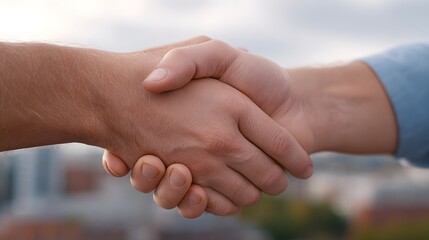 Two people shaking hands against a blurred urban background symbolizing agreement and partnership
