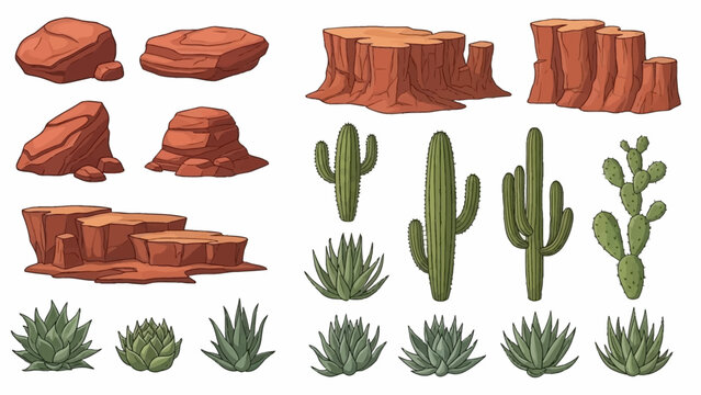 Desert rock set, vector canyon stone kit, wild west plants, environment nature objects, cactus, agave. Mountain solid boulder, cliff formation, landscape elements, succulent. Desert rock game clipart