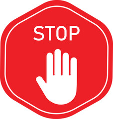 Red STOP Hand Icon in Hexagon Shape &ndash; Prohibition Warning Sign for Safety, No Entry, Restricted Access, Do Not Proceed Alert, Flat Vector Illustration Isolated on White.